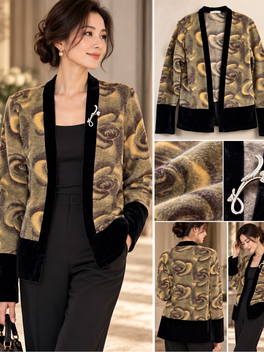 Floral Print Velvet Trim Open Front Cardigan Jacket Soft Vintage